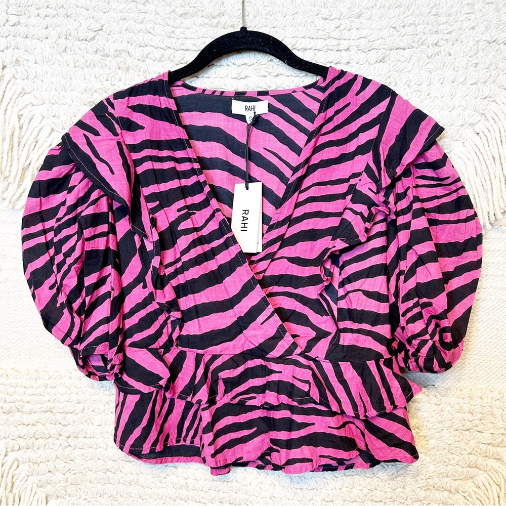 RAHI pink and black zebra print Diana puff sleeve crop top XS NEW Anthropologie